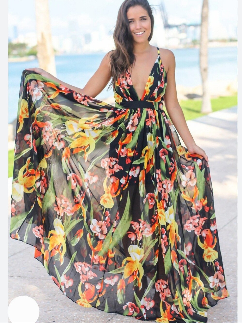 Luxxel Black Maxi Dress with Yellow & Orange Floral Print